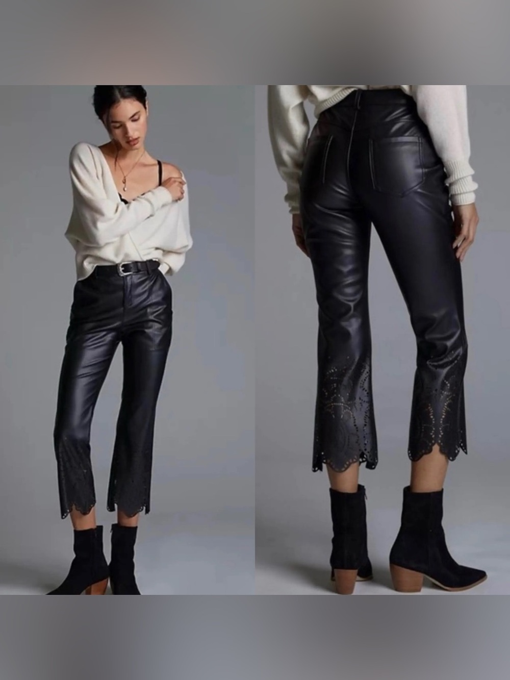 Anthropologie Black Faux Leather Cropped Laser-Cut Lace Hem Pants, Size 4, EUC